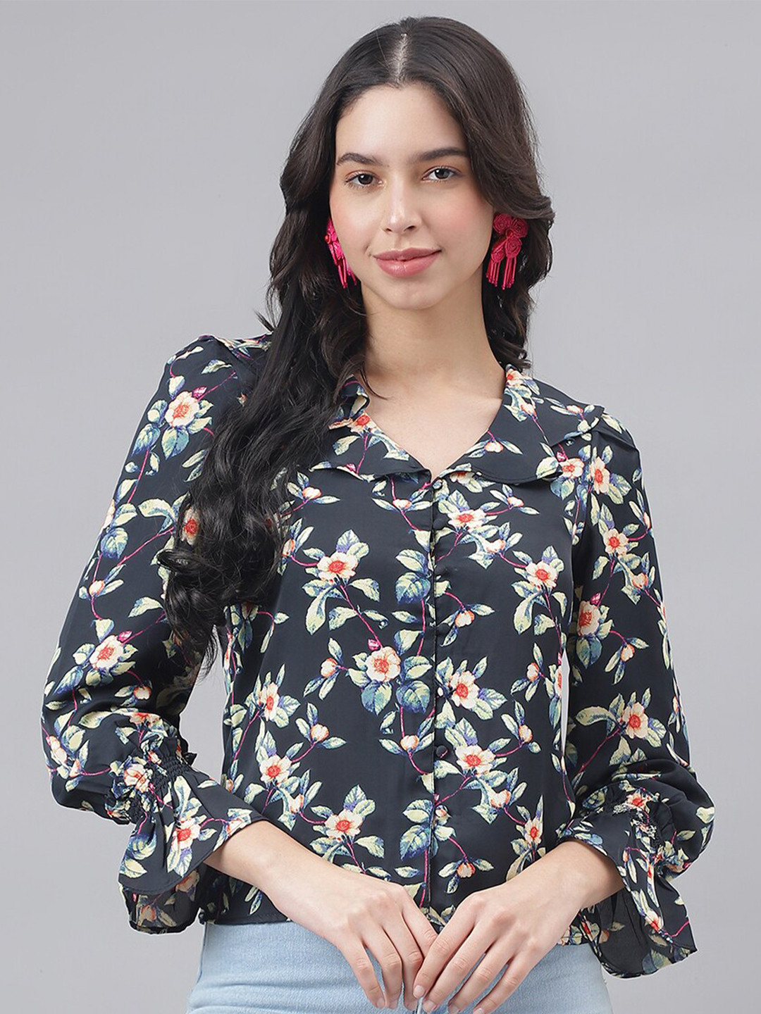 Latin Quarters Floral Printed Lapel Collar Shirt Style Top