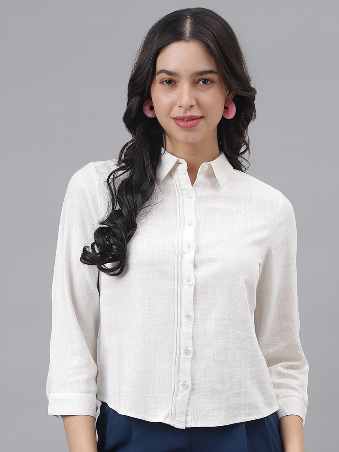 Latin Quarters Linen Crop Shirt Collar Cuffed Sleeves Shirt Style Top