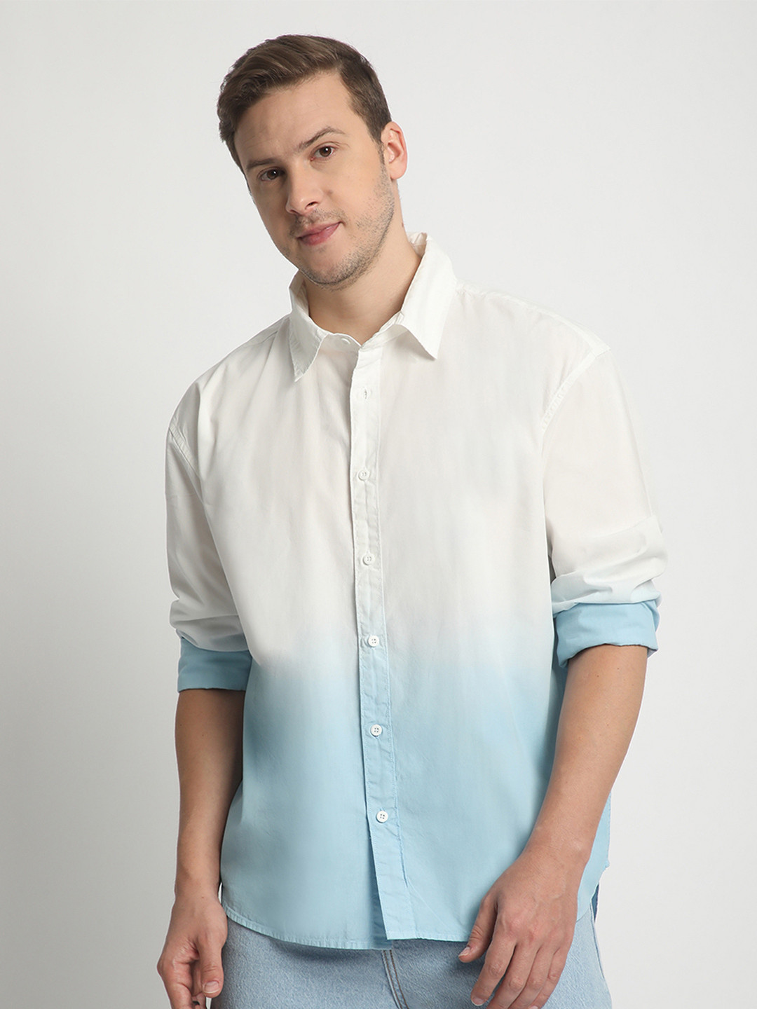 The Roadster Lifestyle Co. Ombre Spread Collar Pure Cotton Oversized Shirt