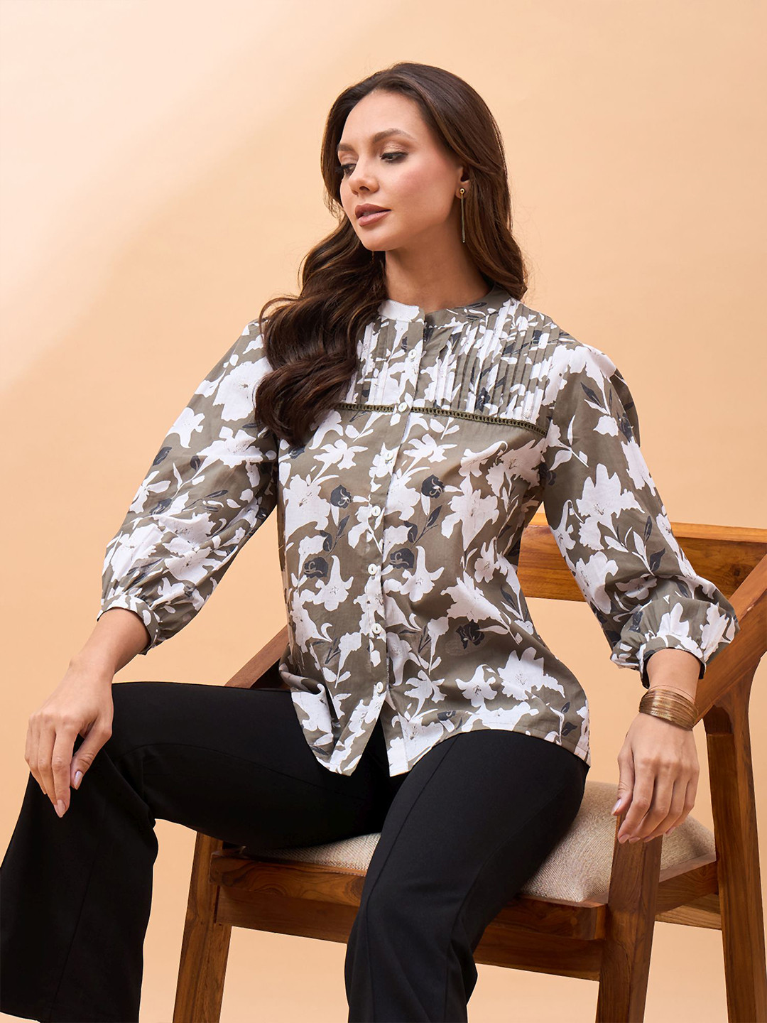 all about you Grey Floral Printed Mandarin Collar Puff Sleeve Cotton Shirt Style Top