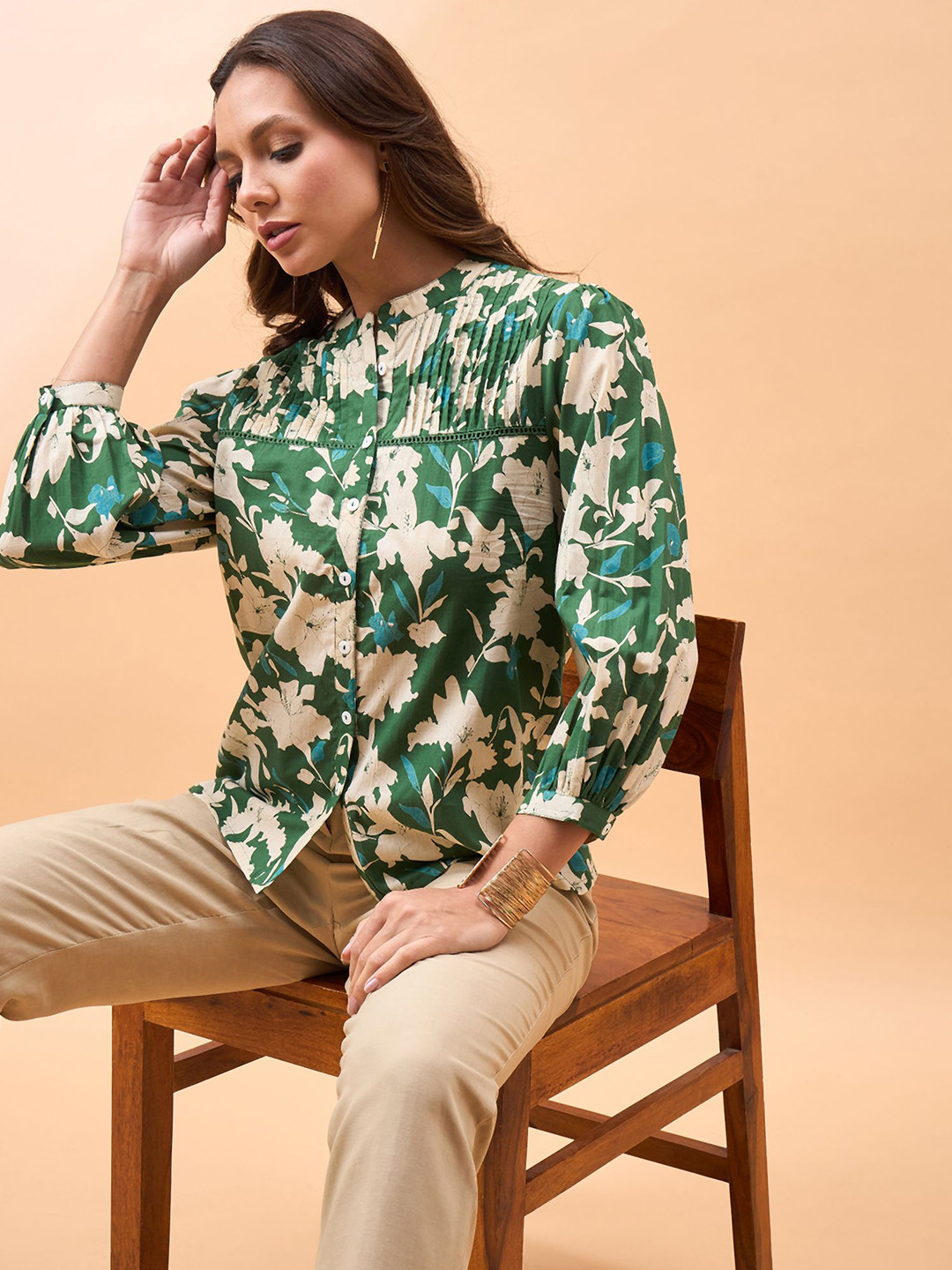 all about you Grey Floral Printed Mandarin Collar Puff Sleeve Cotton Shirt Style Top