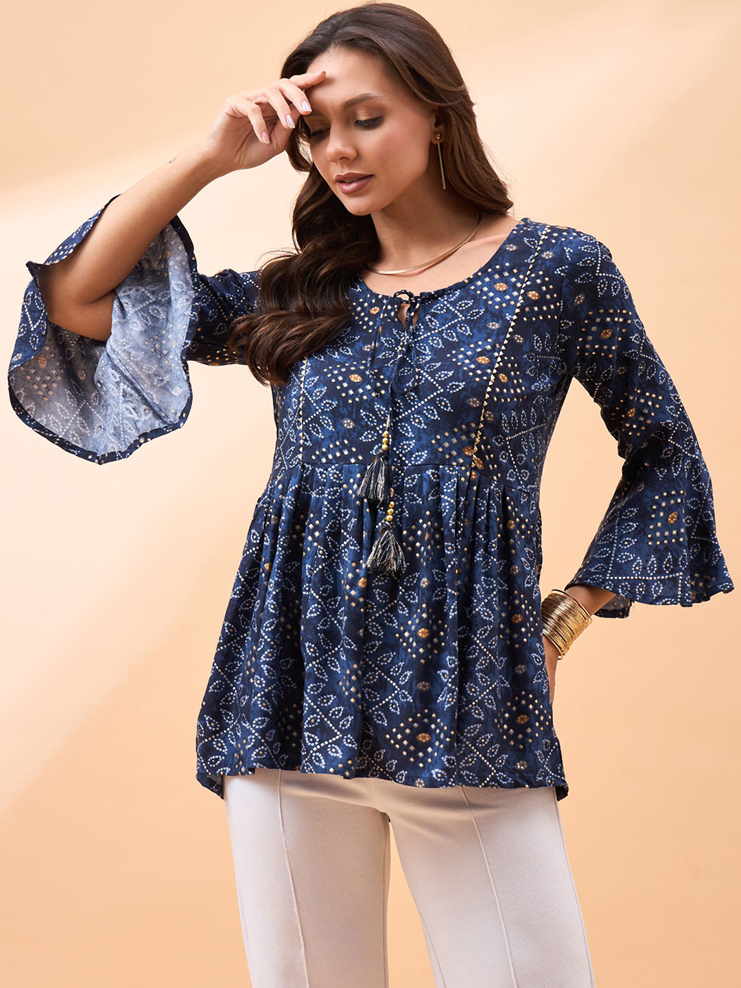 Routes by All About You Red Ethnic Motifs Printed Tie-Up Neck Bell Sleeve A-Line Top