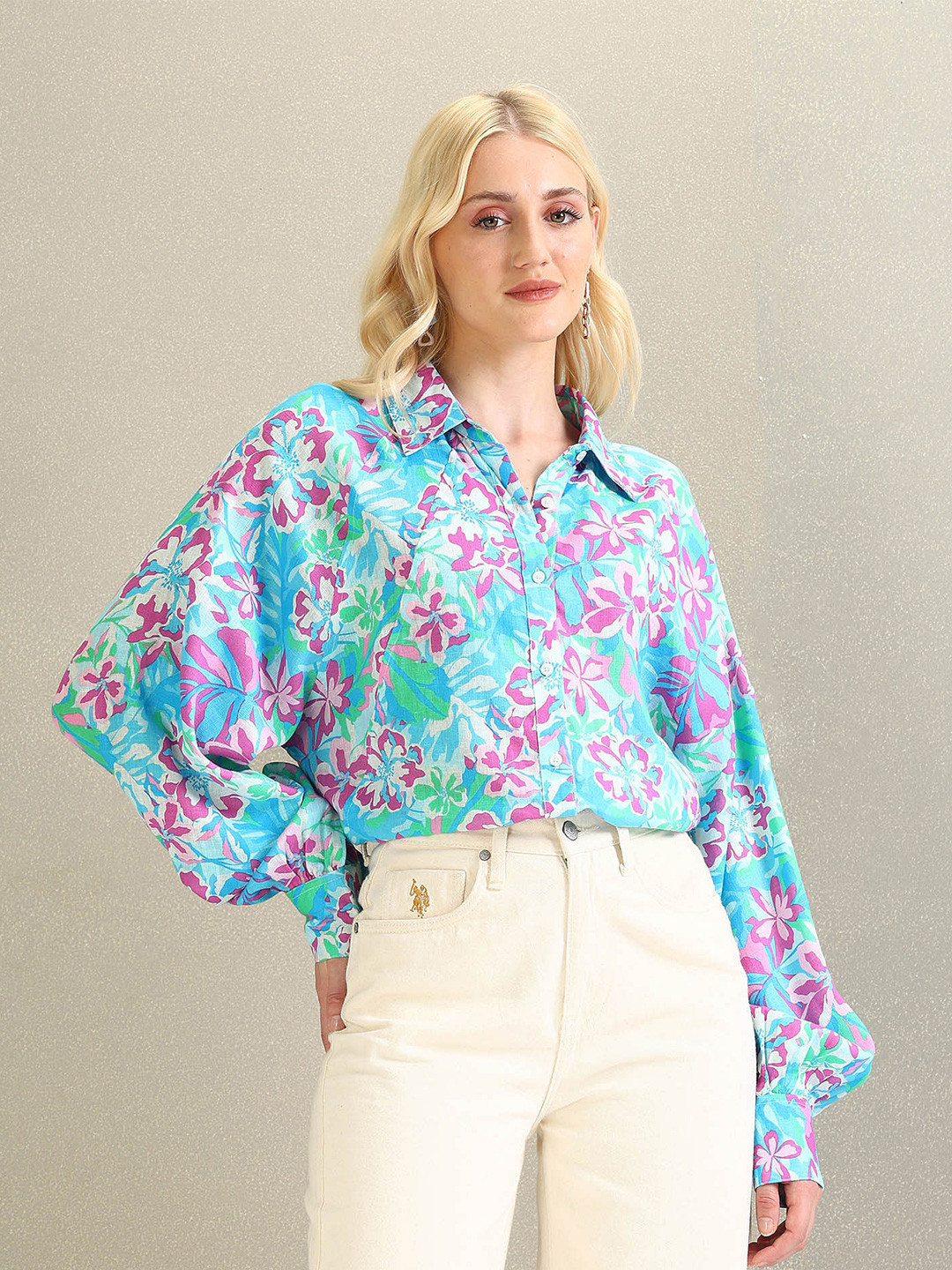 U.S. Polo Assn. Women Spread Collar Oversized Floral Printed Casual Shirt
