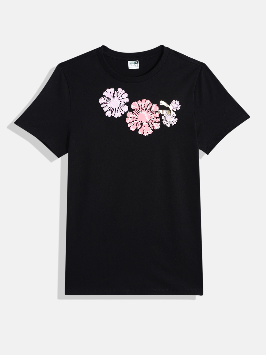 Puma Girls Floral Print Classics SNFLR Logo Knitted Pure Cotton T-shirt