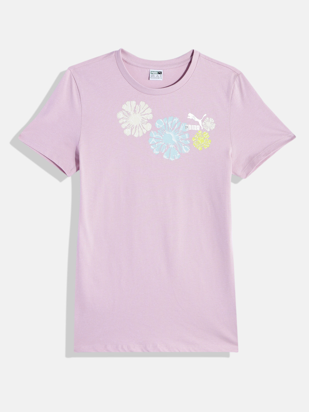 Puma Girls Floral Print Classics SNFLR Logo Knitted Pure Cotton T-shirt