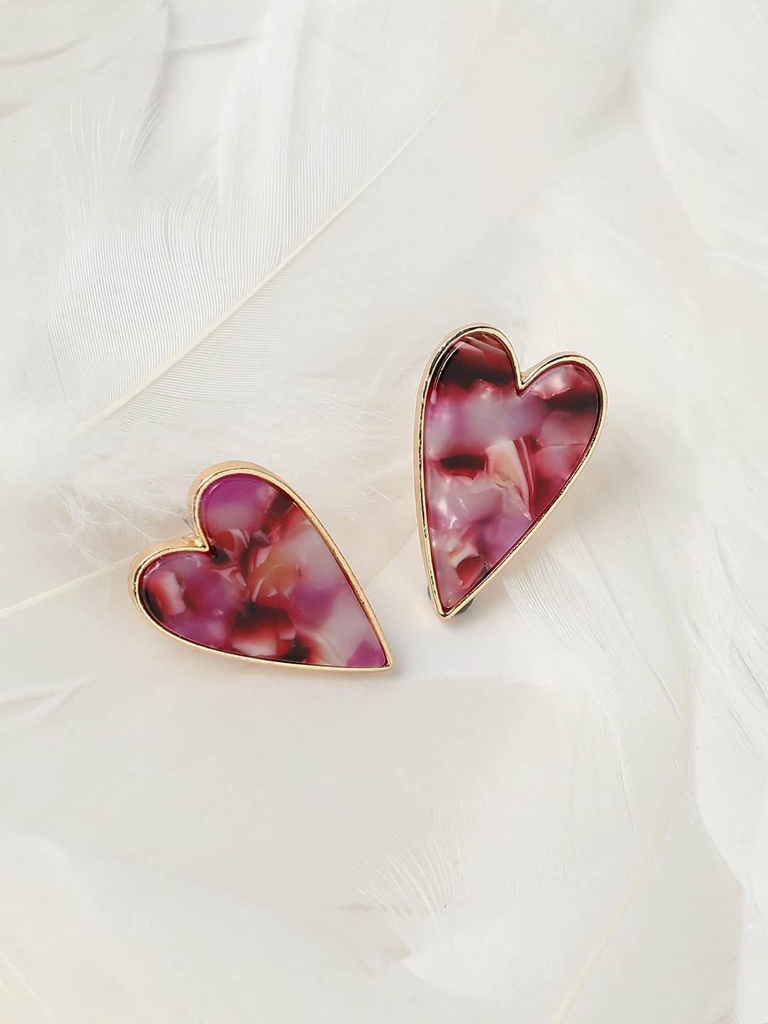 SOHI Gold-Plated Marble Crimson Heart Shape Studs Earrings