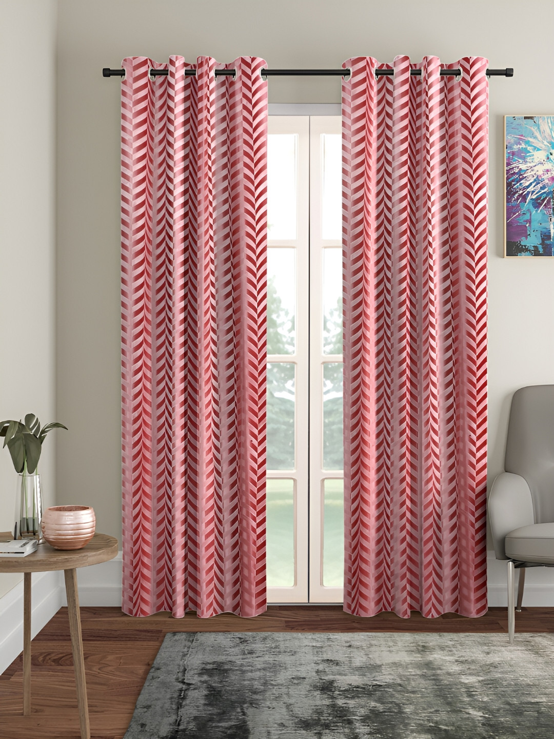 SOKNACK Pink & Peach 2 Pieces Geometric Printed Black Out Long Door Curtains