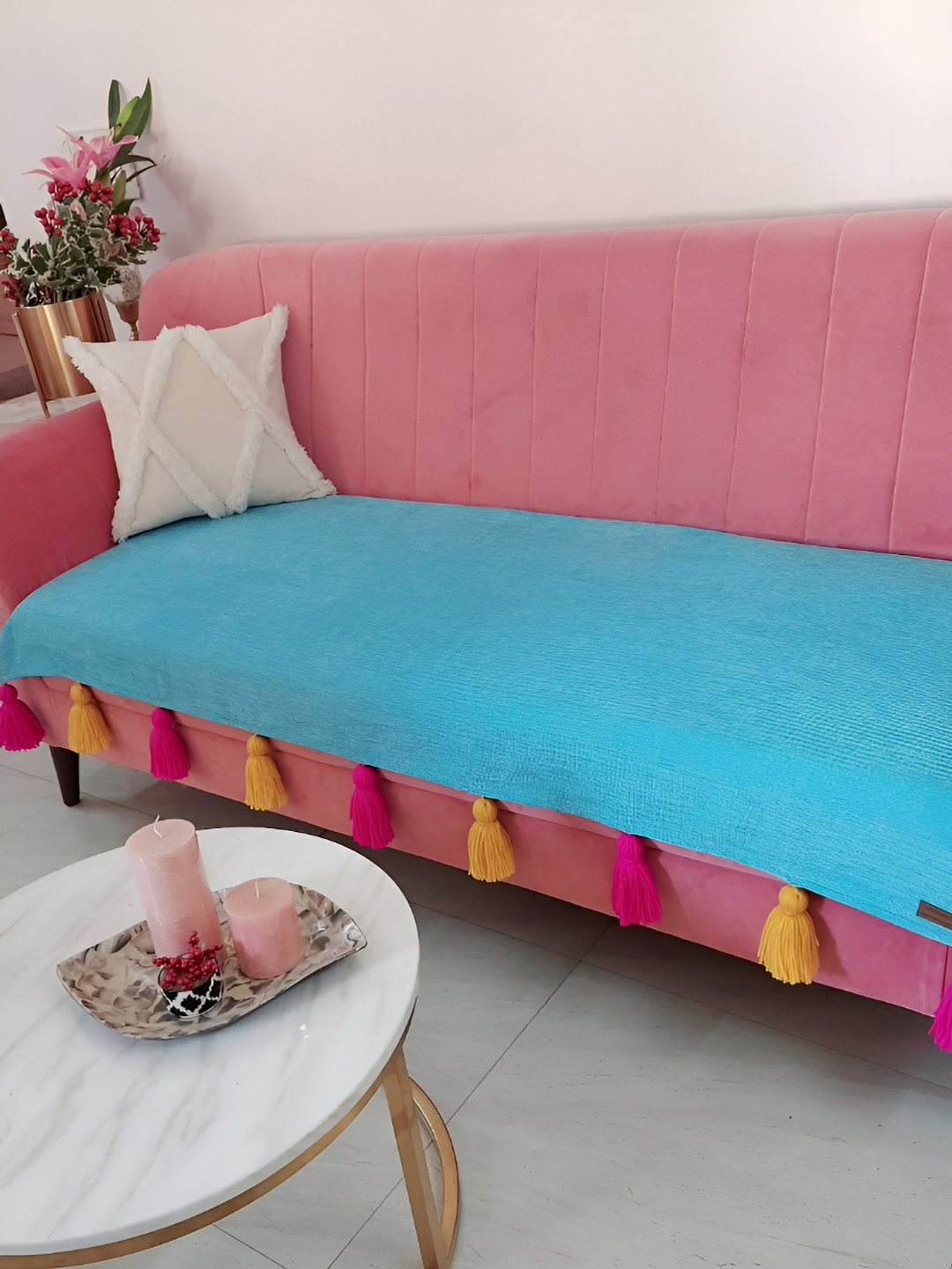 THROWPILLOW Turquoise Blue & Yellow 4 Seater Sofa Cover