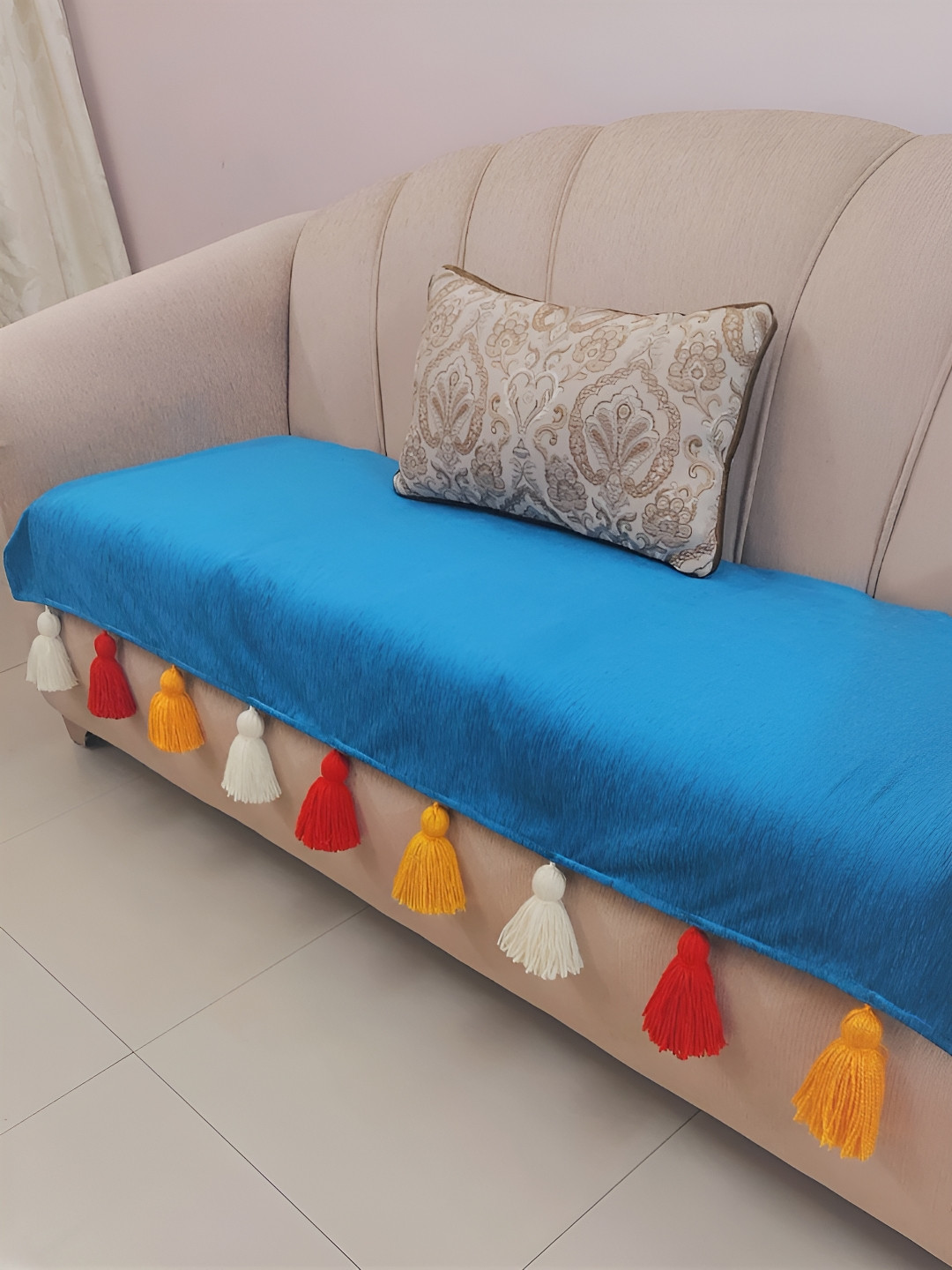 THROWPILLOW Teal Blue & Orange Anti Slip Tassels 4 Seater Sofa Cover