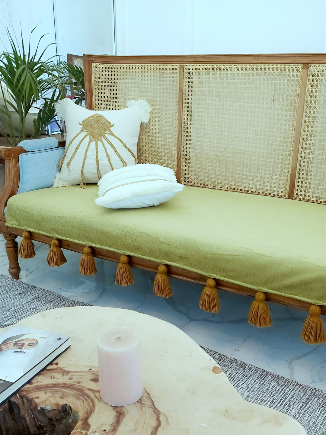 THROWPILLOW Olive Green & Gold-Toned Anti Slip Tassels 4 Seater Sofa Cover