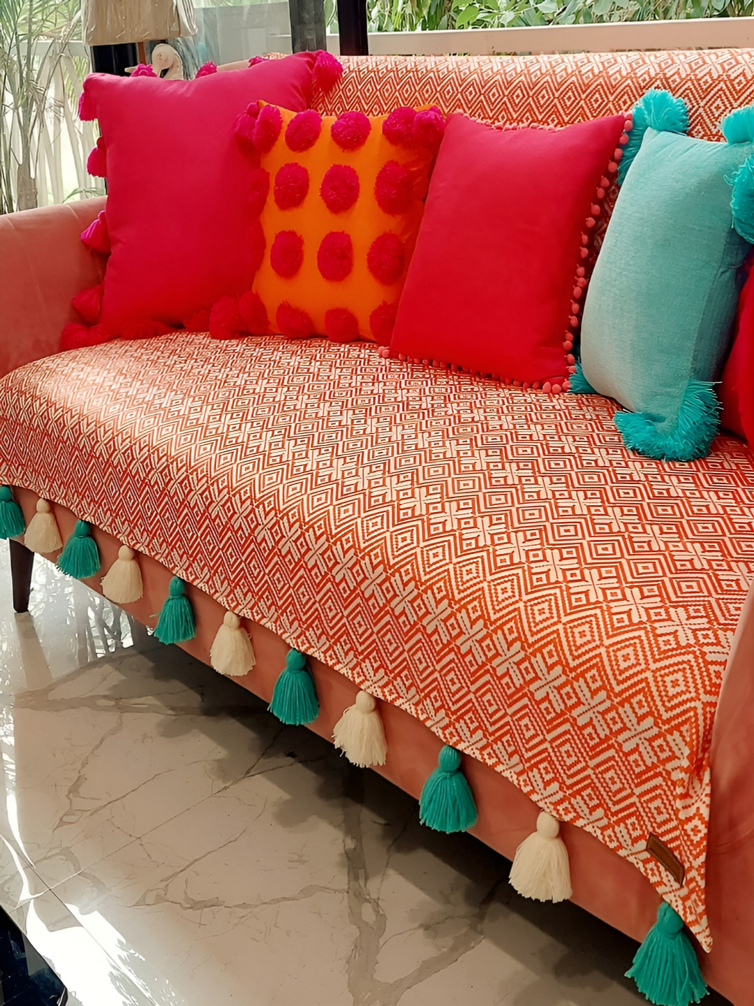 THROWPILLOW Orange & Green Printed Anti Slip Tassels 4 Seater Sofa Cover