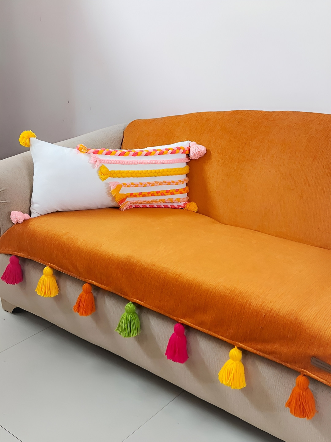 THROWPILLOW Orange & Red Anti Slip Tassels 4 Seater Sofa Cover