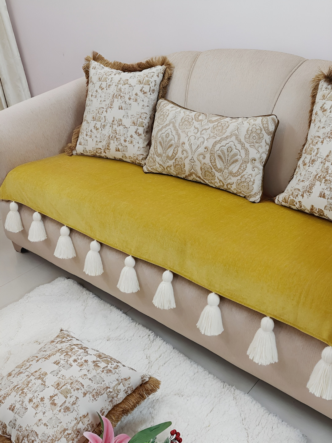 THROWPILLOW Mustard Yellow & White Anti Slip Tassels 4 Seater Sofa Cover