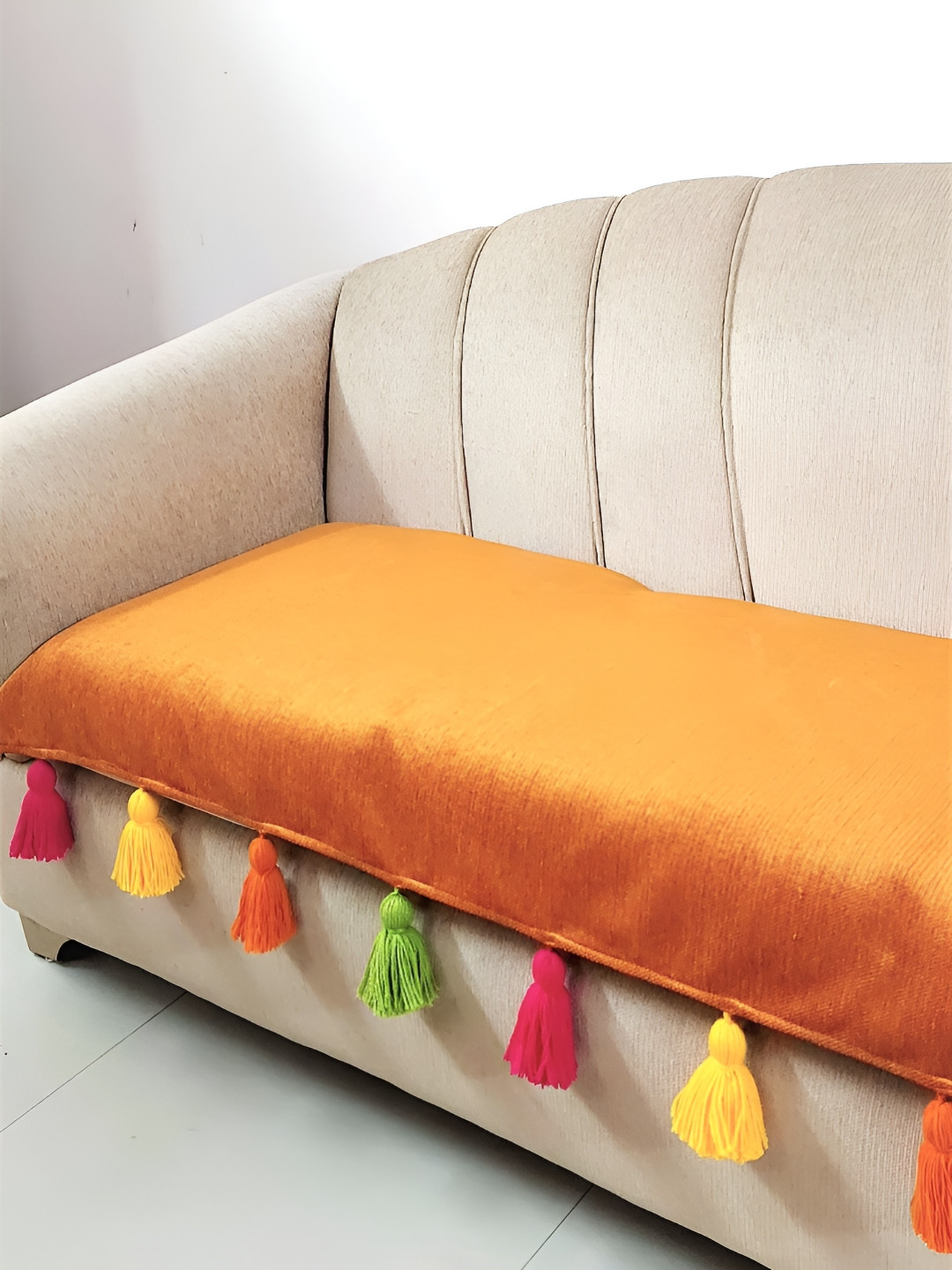 THROWPILLOW Orange & Yellow Anti Slip Tassels 4 Seater Sofa Cover