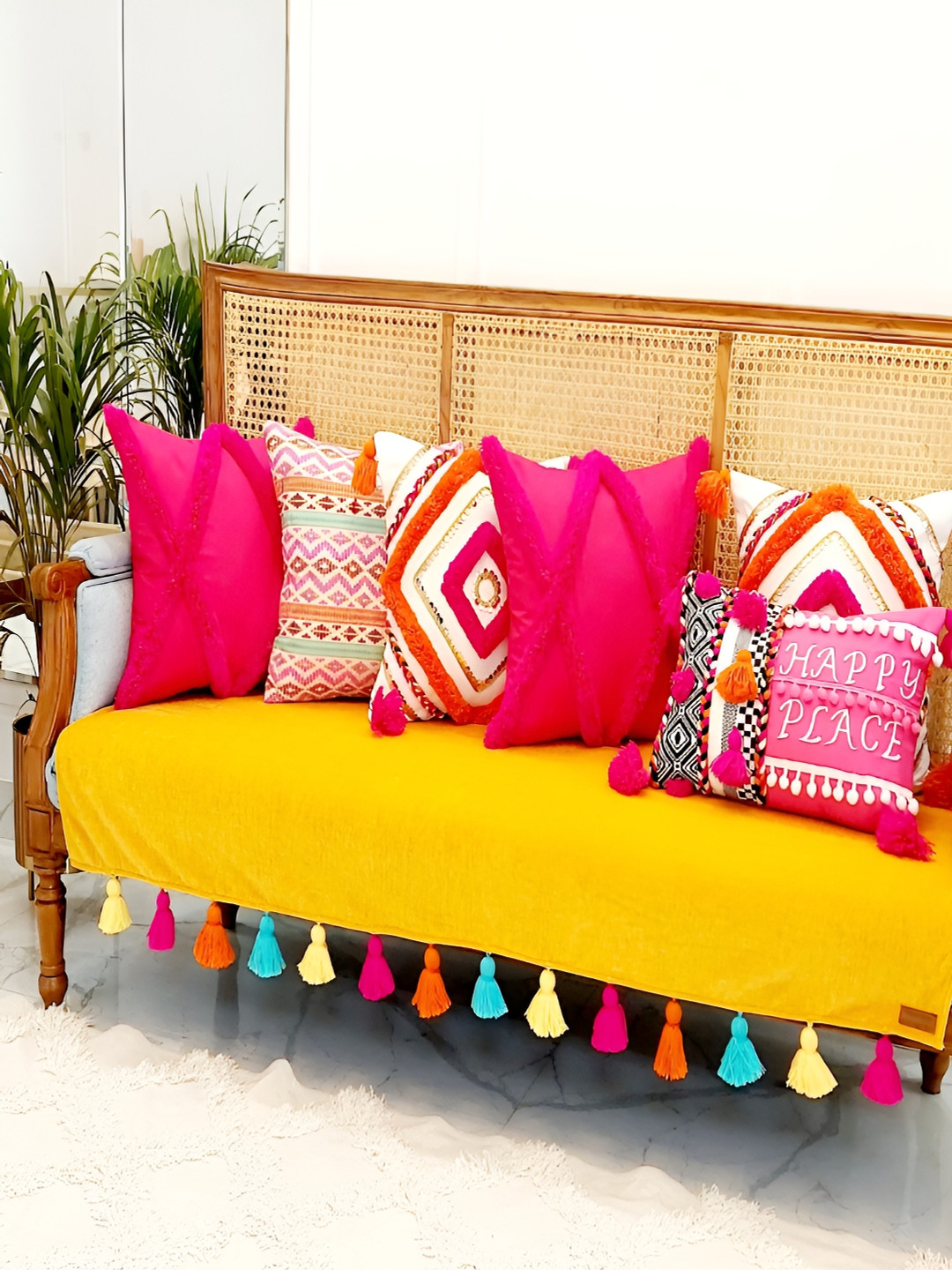 THROWPILLOW Yellow & Blue Anti Slip Tassels 4 Seater Sofa Cover