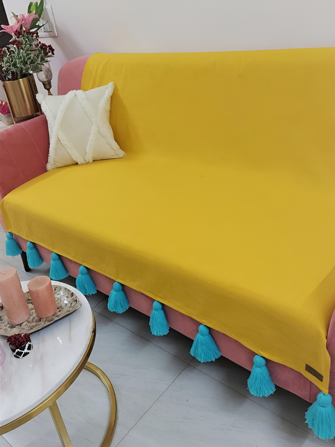 THROWPILLOW Mustard & Blue Anti Slip Tassels 4 Seater Sofa Cover