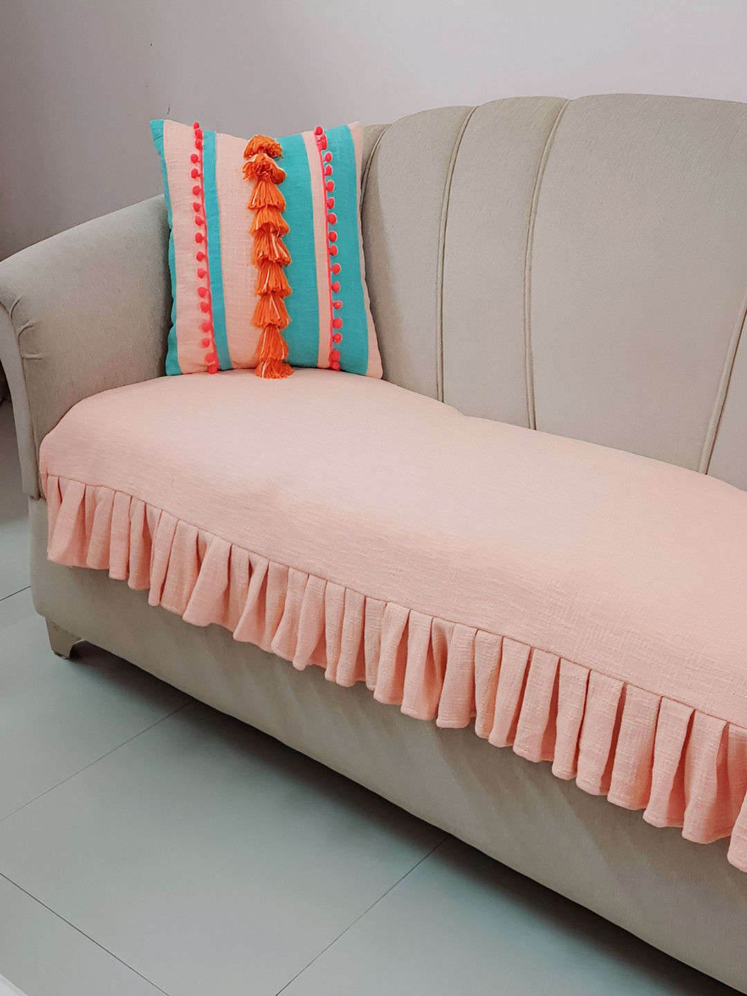 THROWPILLOW Peach Anti Slip Pleated Sofa Cover