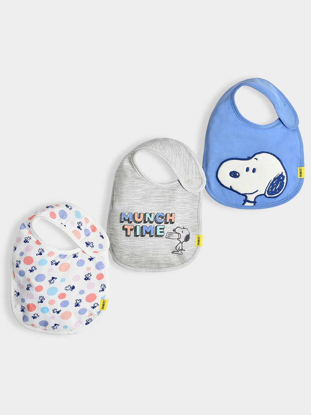 MiArcus Cotton Peanuts Snoopy Print Feeding Bib With Velcro Closure 0-3 M Pk of 3- Multi