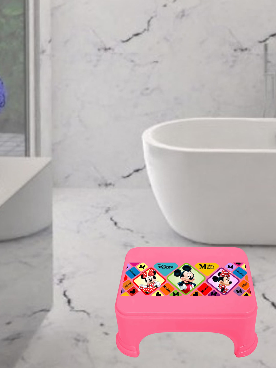 Kuber Industries Pink 3 Pieces Disney Mickey & Minnie Printed Classic Glossy Step Stool