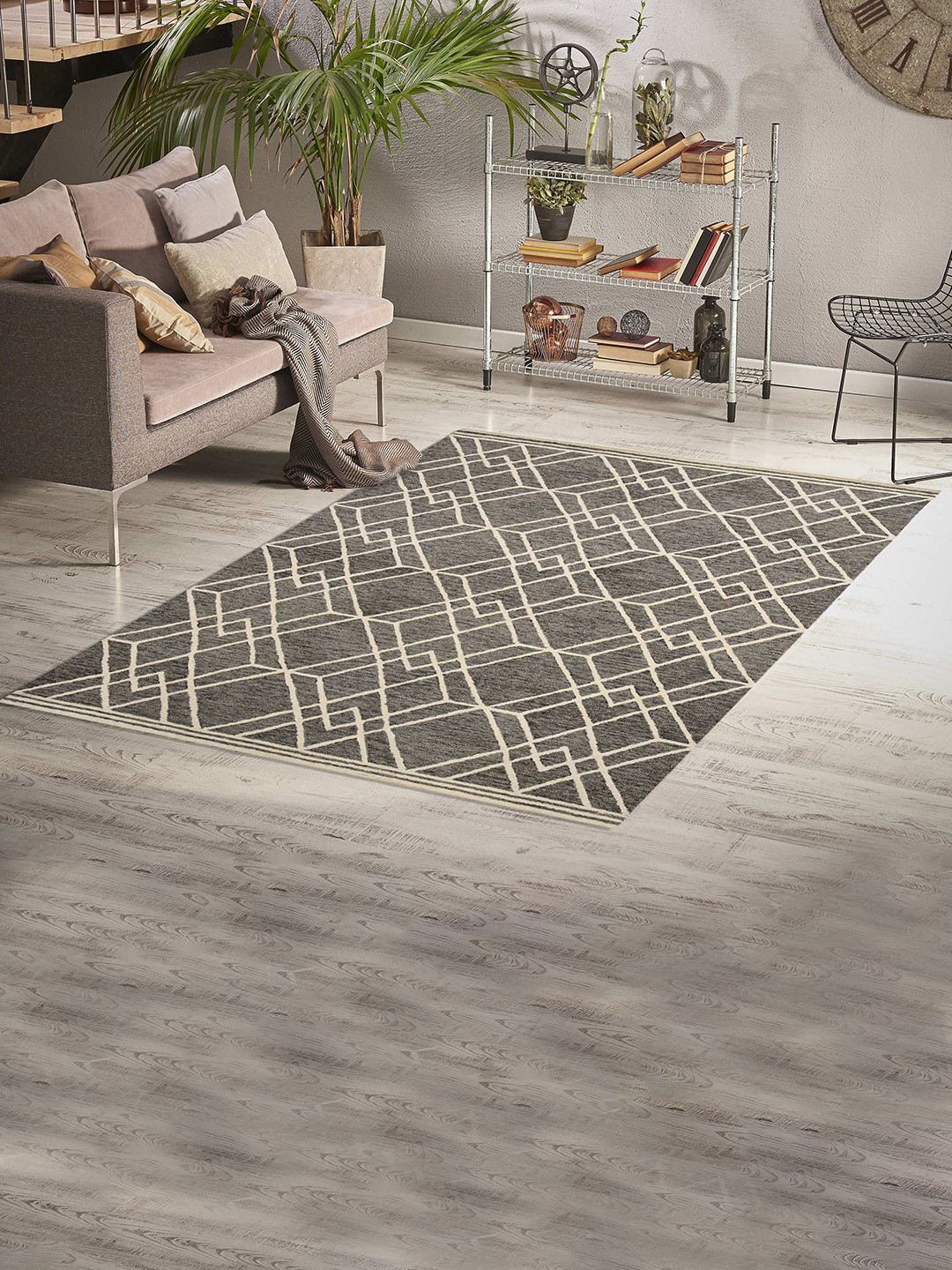 saraswatii global Grey Melange & Beige Abstract Carpet