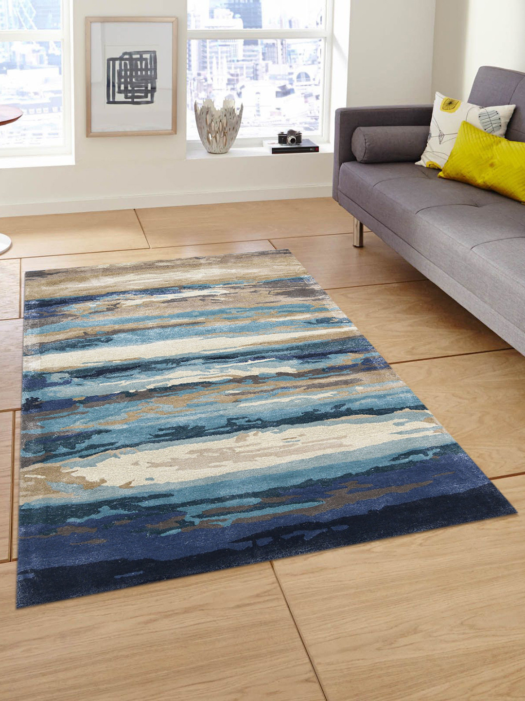 saraswatii global Beige & Blue Abstract Carpet