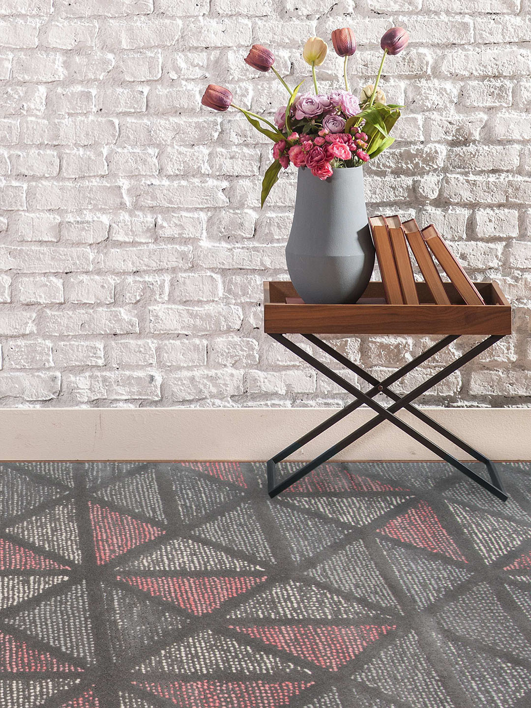 saraswatii global Grey & Peach Geometric Printed Woollen Rectangular Carpet