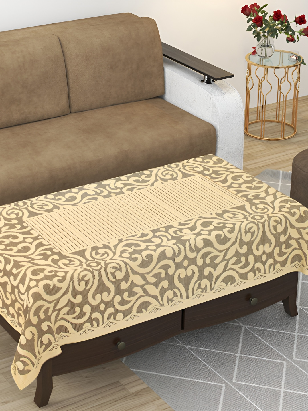 BIGGER FISH Gold-Toned & Grey Abstract Printed Cotton 6 Seater Table Cover