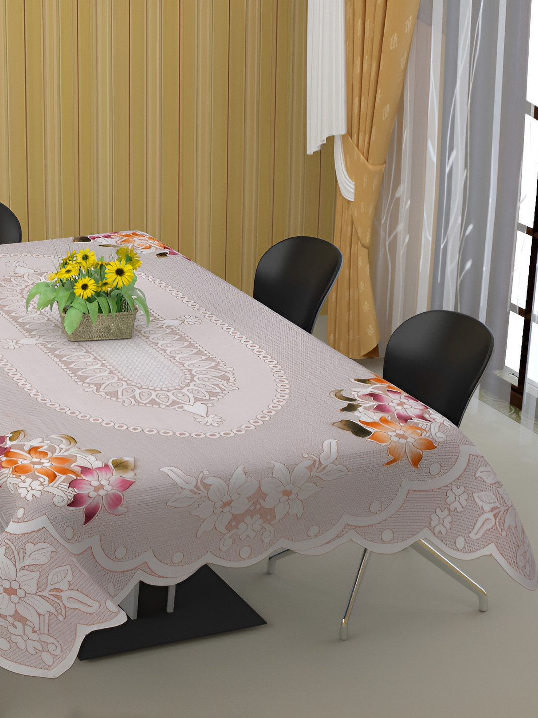 BIGGER FISH Peach-Coloured Floral self Design Cotton 8 Seater Table Cover