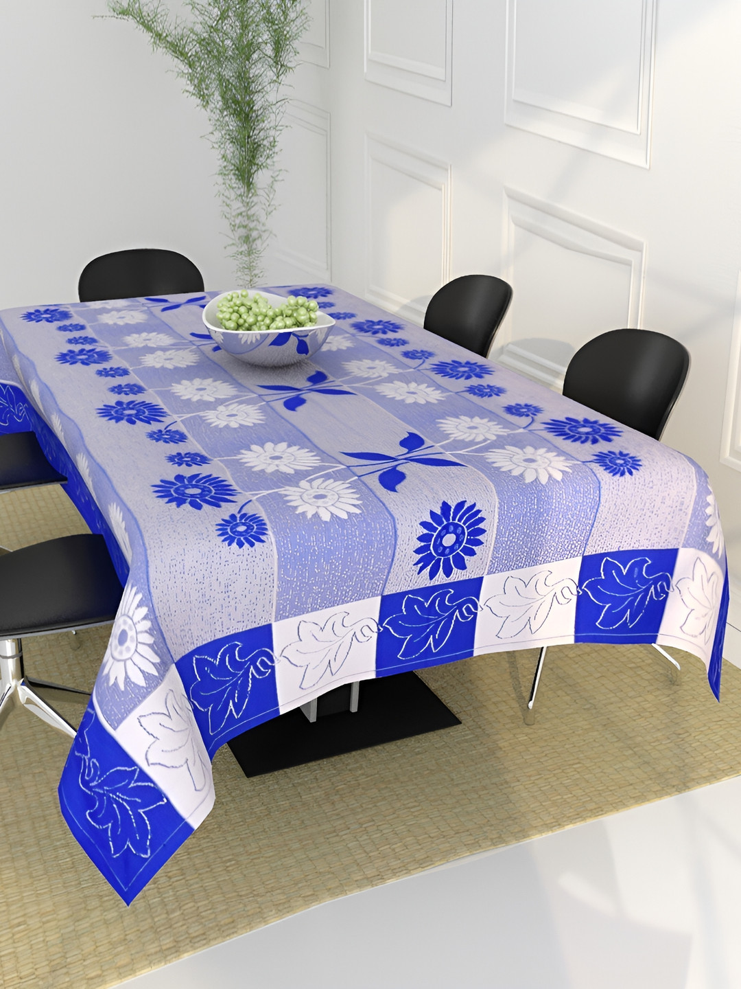 BIGGER FISH Blue Floral Embroidered Cotton 6-Seater Table Cover
