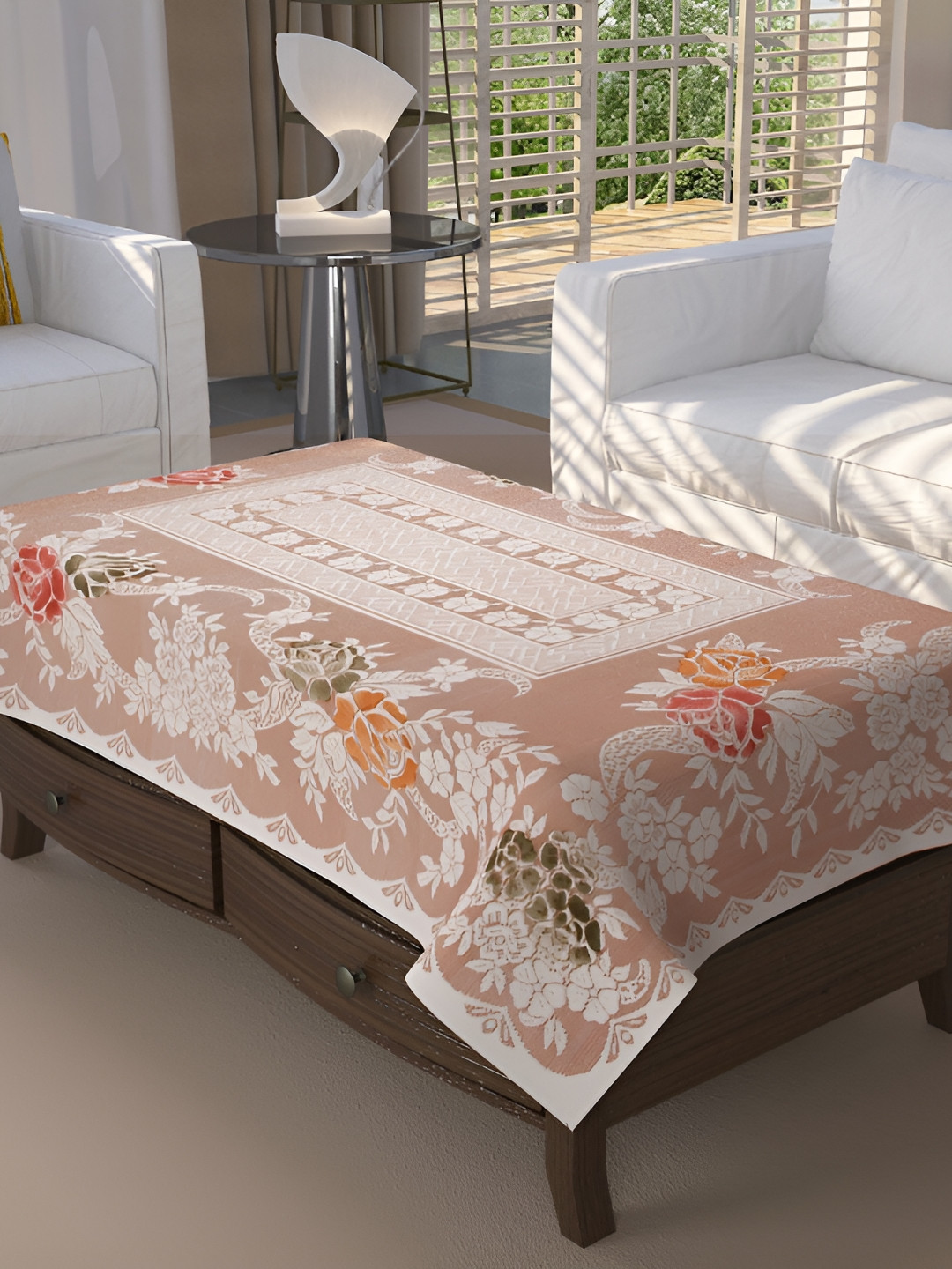 BIGGER FISH Peach & White Cotton 4 Seater Table Cover