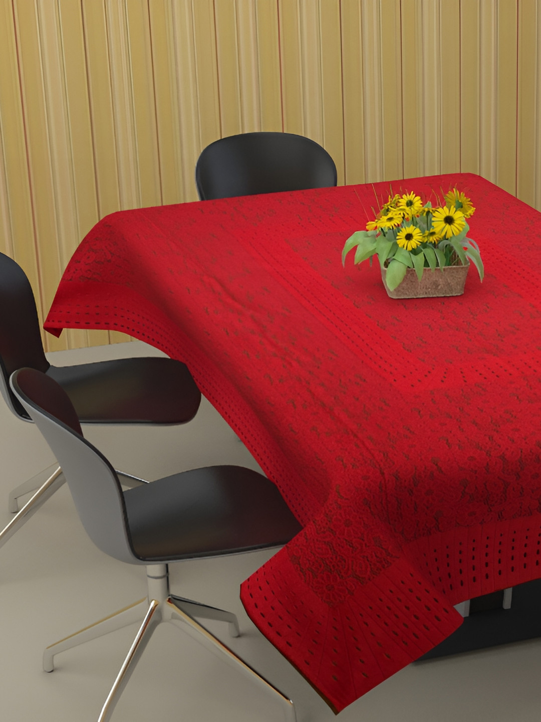 BIGGER FISH Maroon Printed Cotton 8-Seater Table Cover