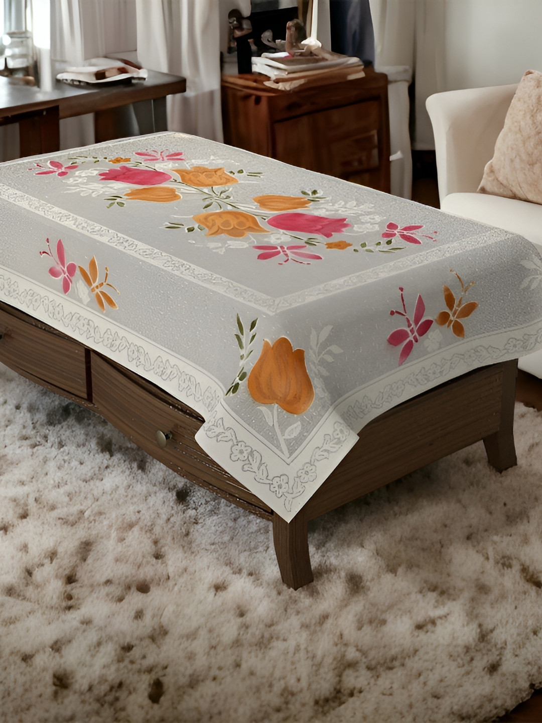 BIGGER FISH Pink & White Printed Cotton 4 Seater Table Cover