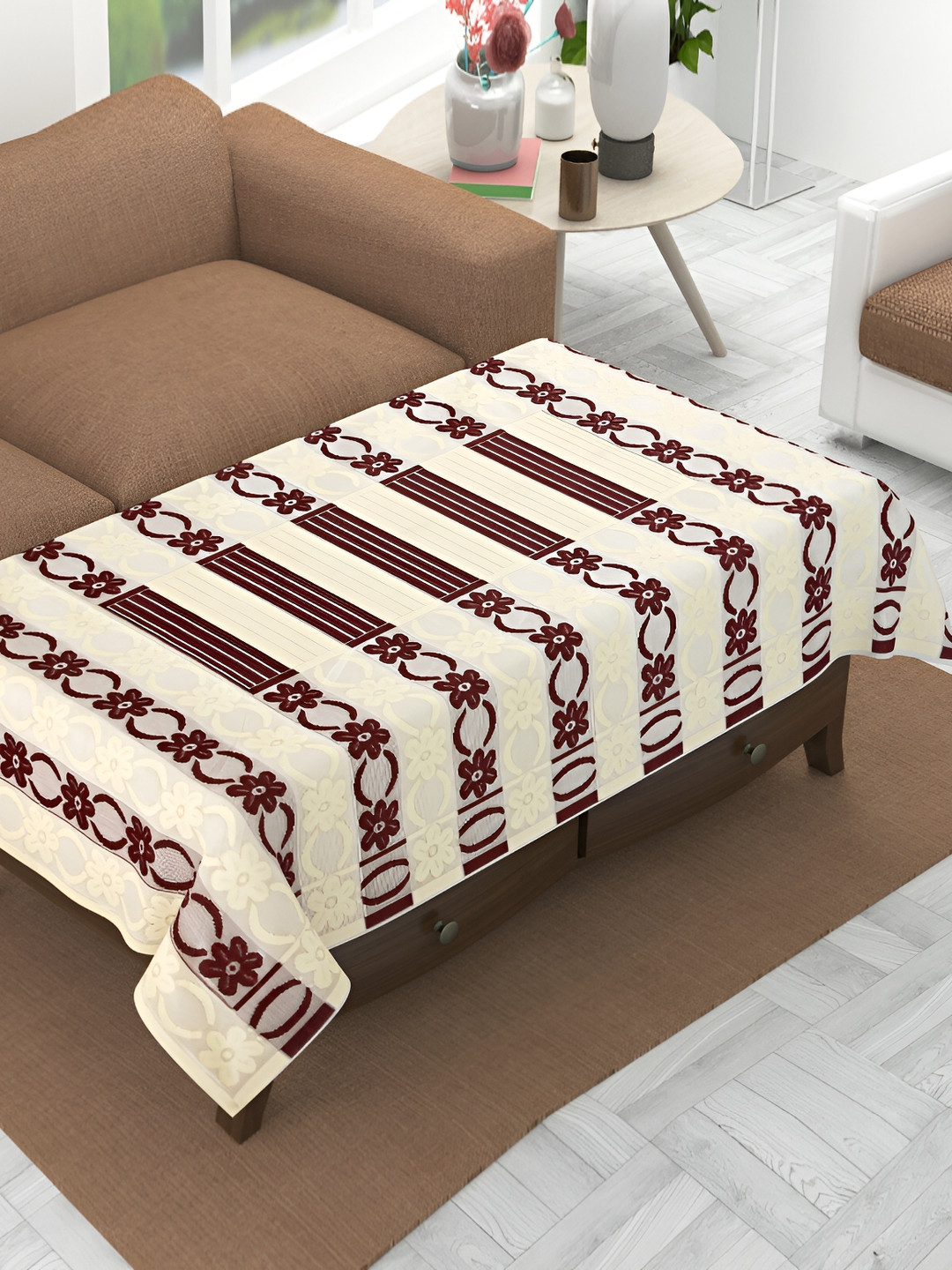 BIGGER FISH Cream & Maroon Cotton 4 Seater Table Cover