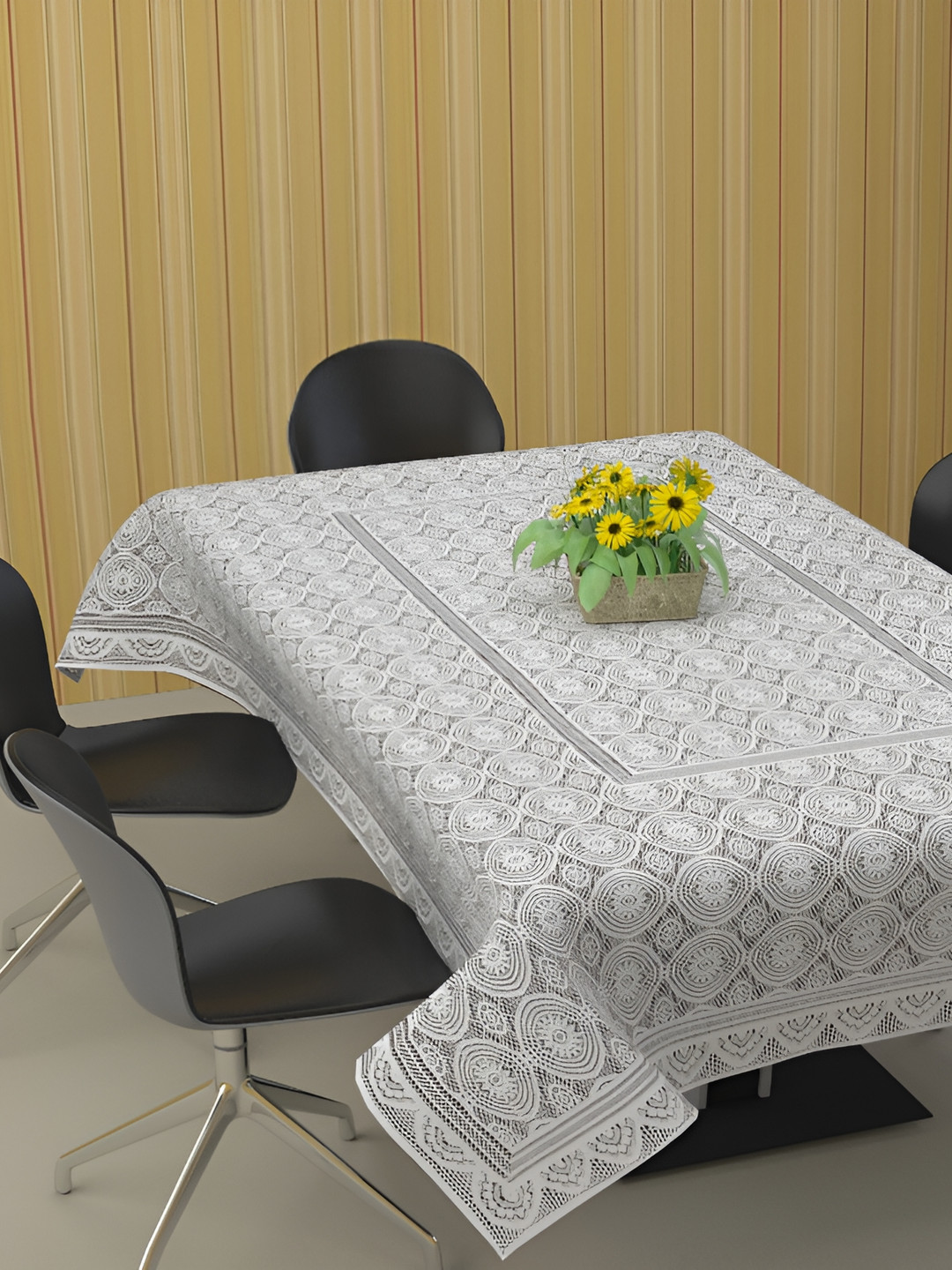 BIGGER FISH White Self Design Cotton 6-Seater Table Cover