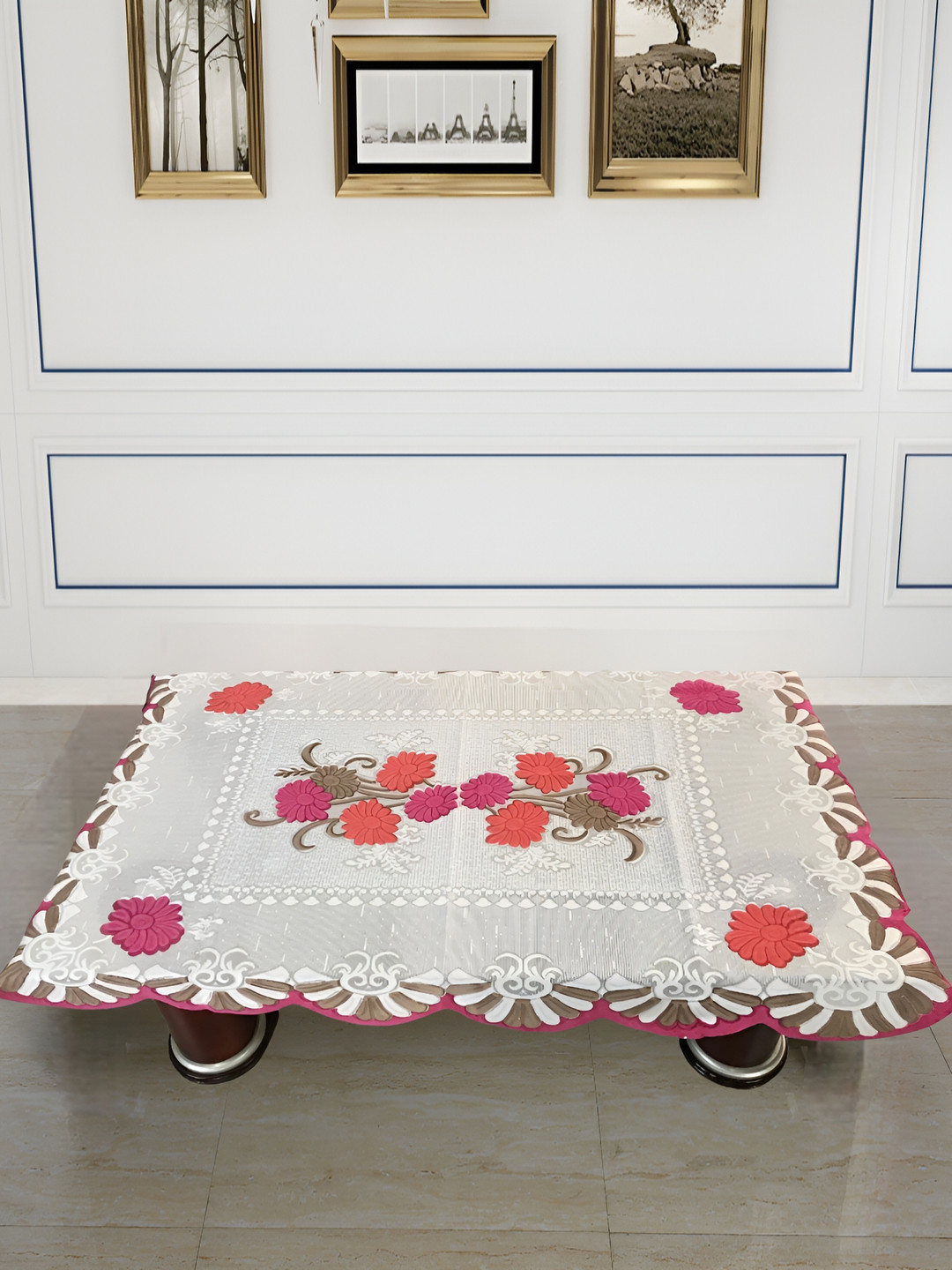 BIGGER FISH Pink & White Floral Cotton 4Seater Table Cover