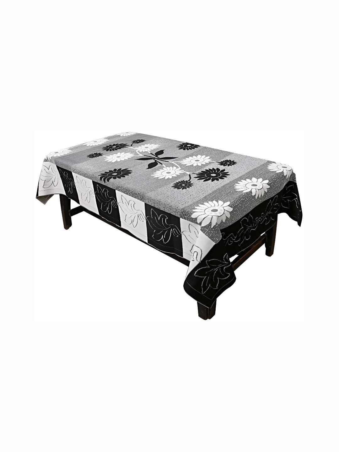 BIGGER FISH Black & White Floral Cotton Rectangle 4-Seater Table Cover