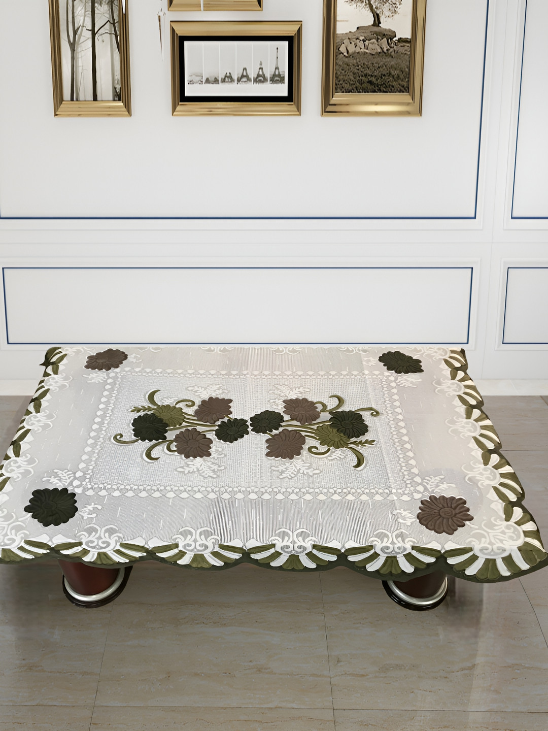 BIGGER FISH Green Floral Printed Cotton 4-Seater Table Cover