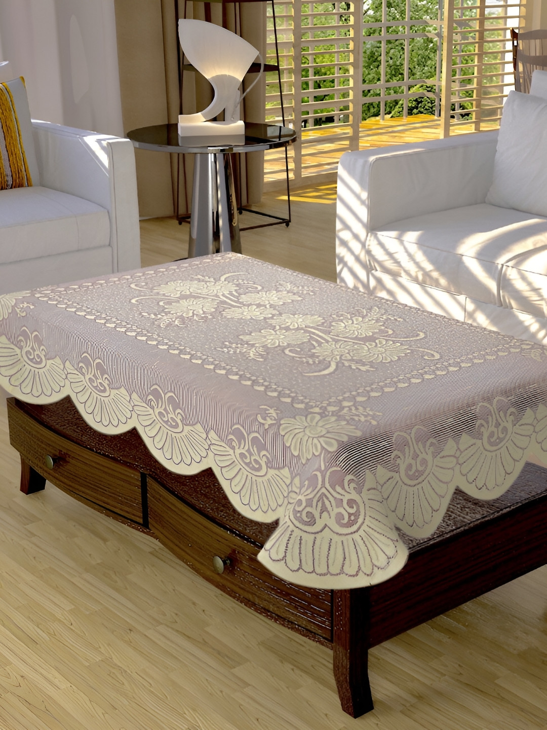 BIGGER FISH Maroon & Cream Floral Rectangle Cotton 4-Seater Table Cover