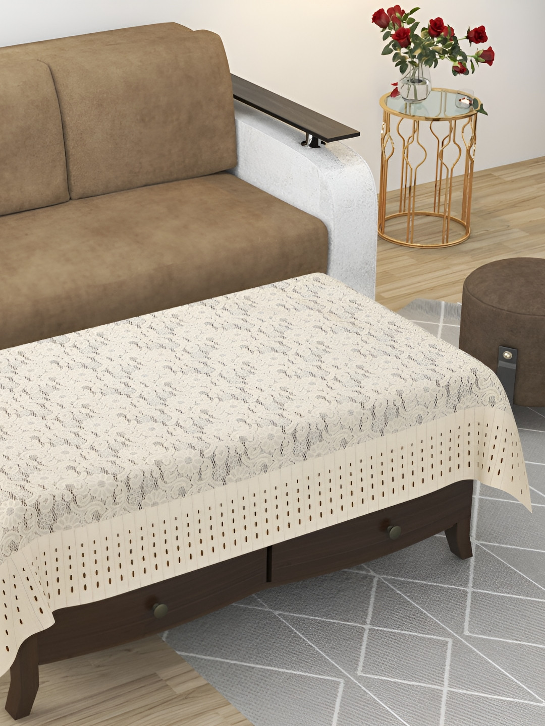 BIGGER FISH Peach-Coloured Printed Cotton 6-Seater Table Cover