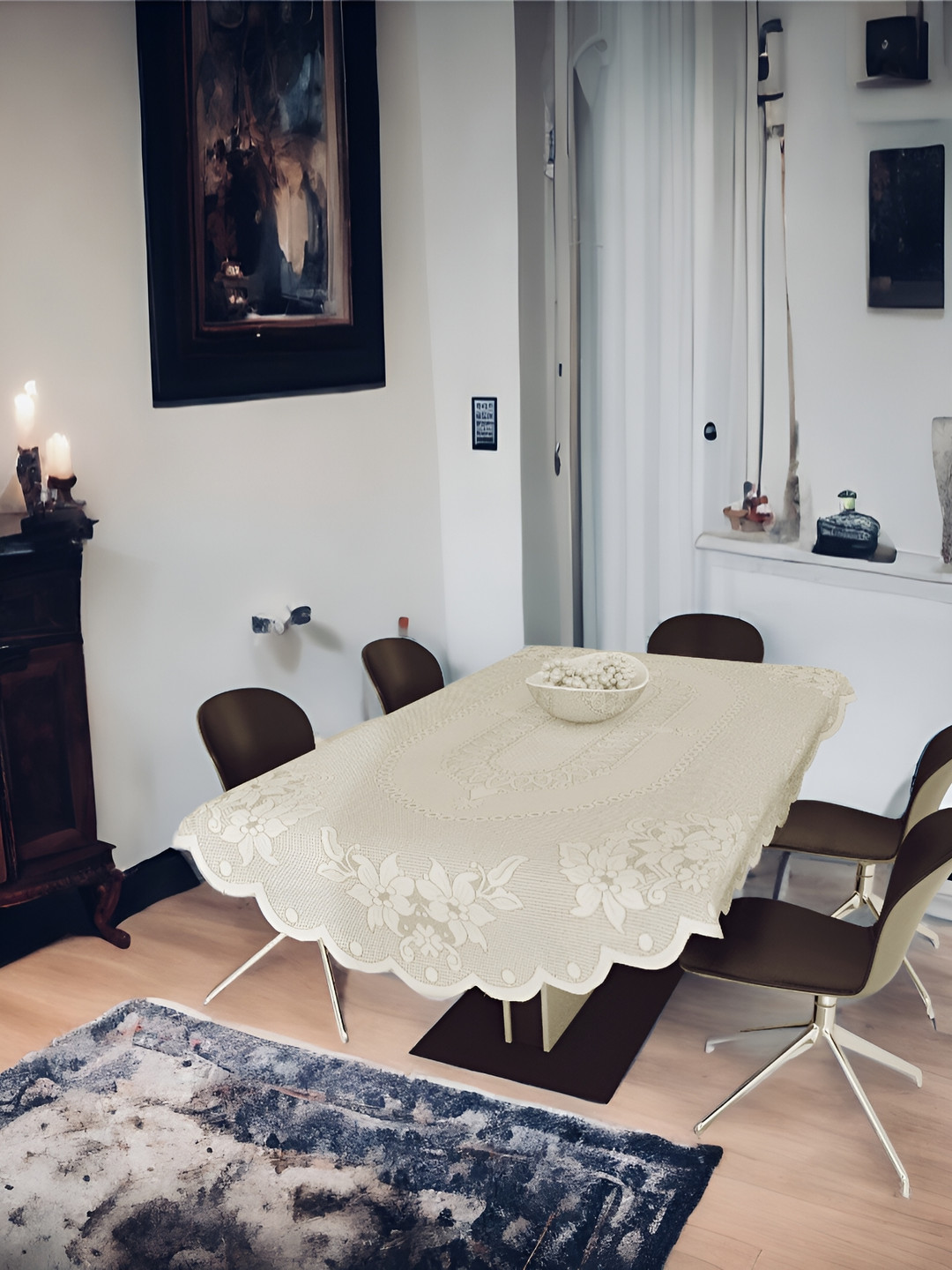 BIGGER FISH Beige Floral Embroidered Cotton Oval 8-Seater Table Cover