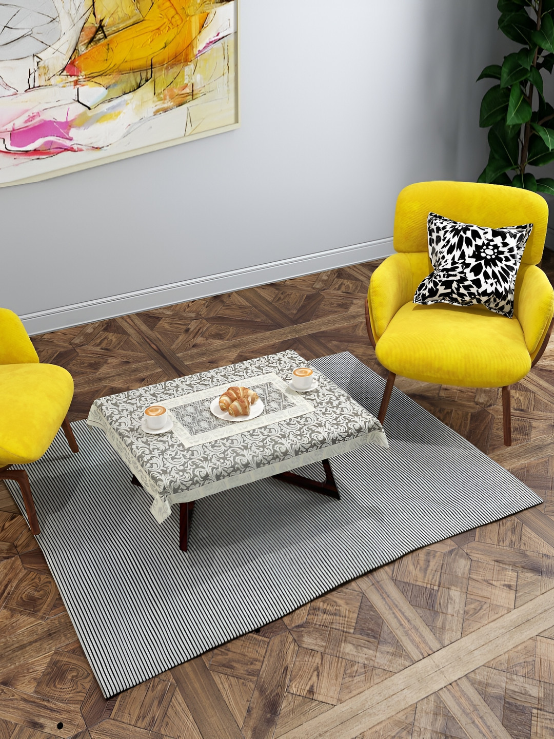 BIGGER FISH Brown & White Floral Cotton 2 Seater Table Cover