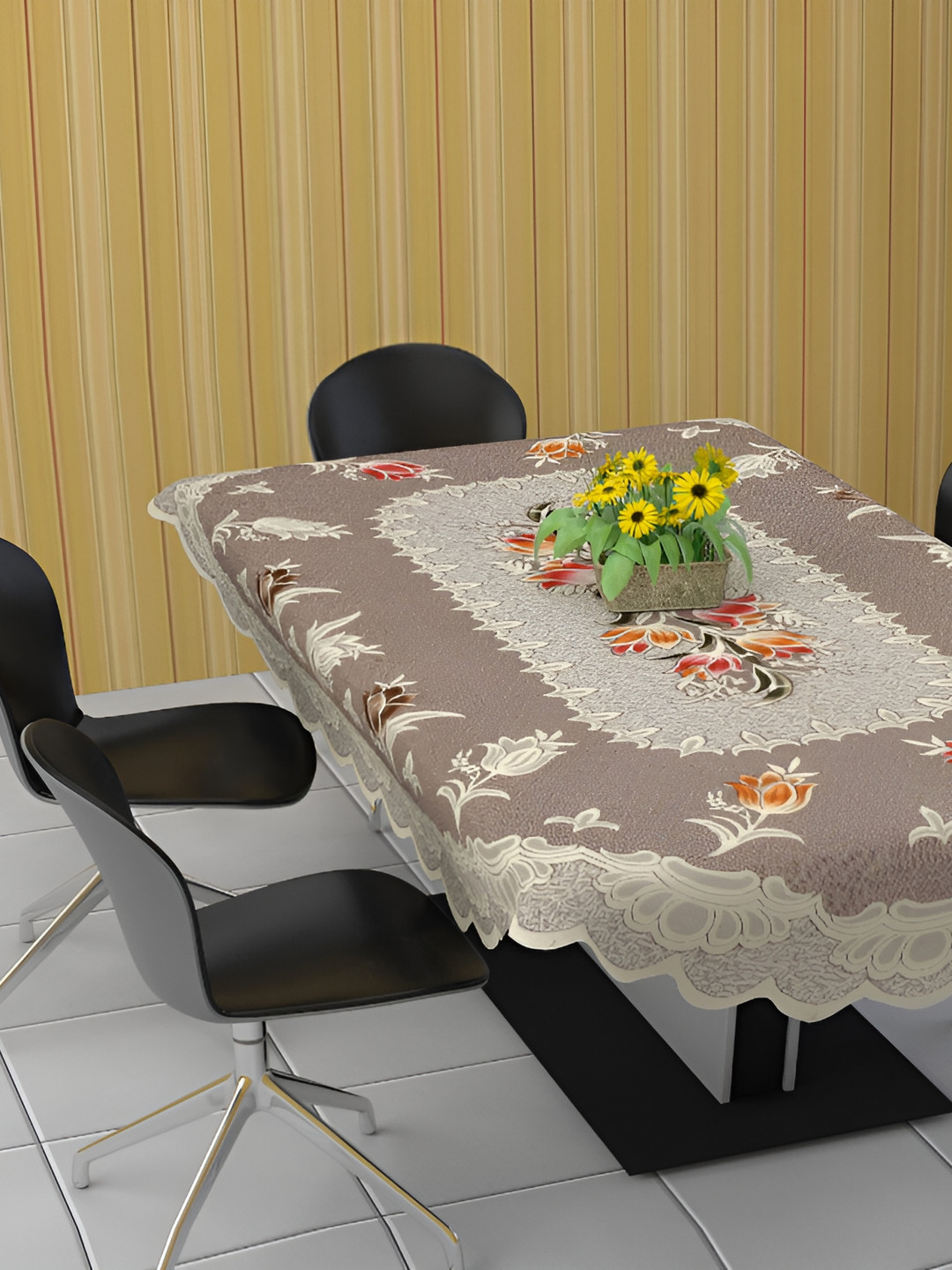 BIGGER FISH Beige & Brown Printed Oval Cotton 6-Seater Table Cover