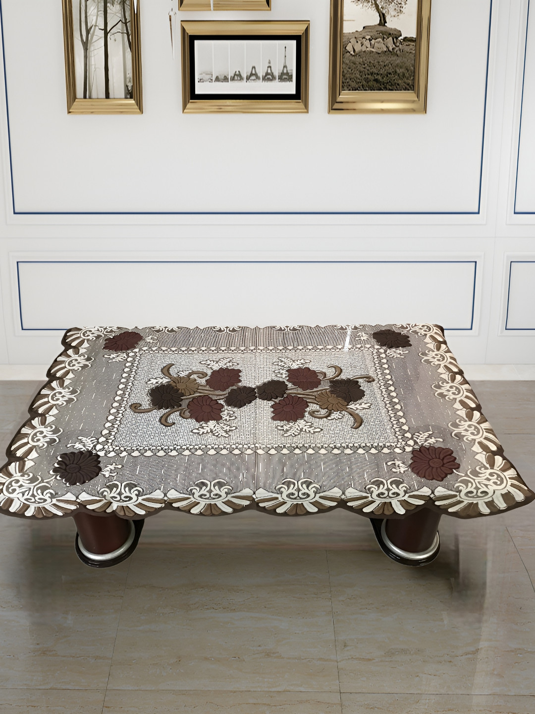 BIGGER FISH Brown & White Floral Printed Rectangular Shaped Cotton 4 Seater Table Cover