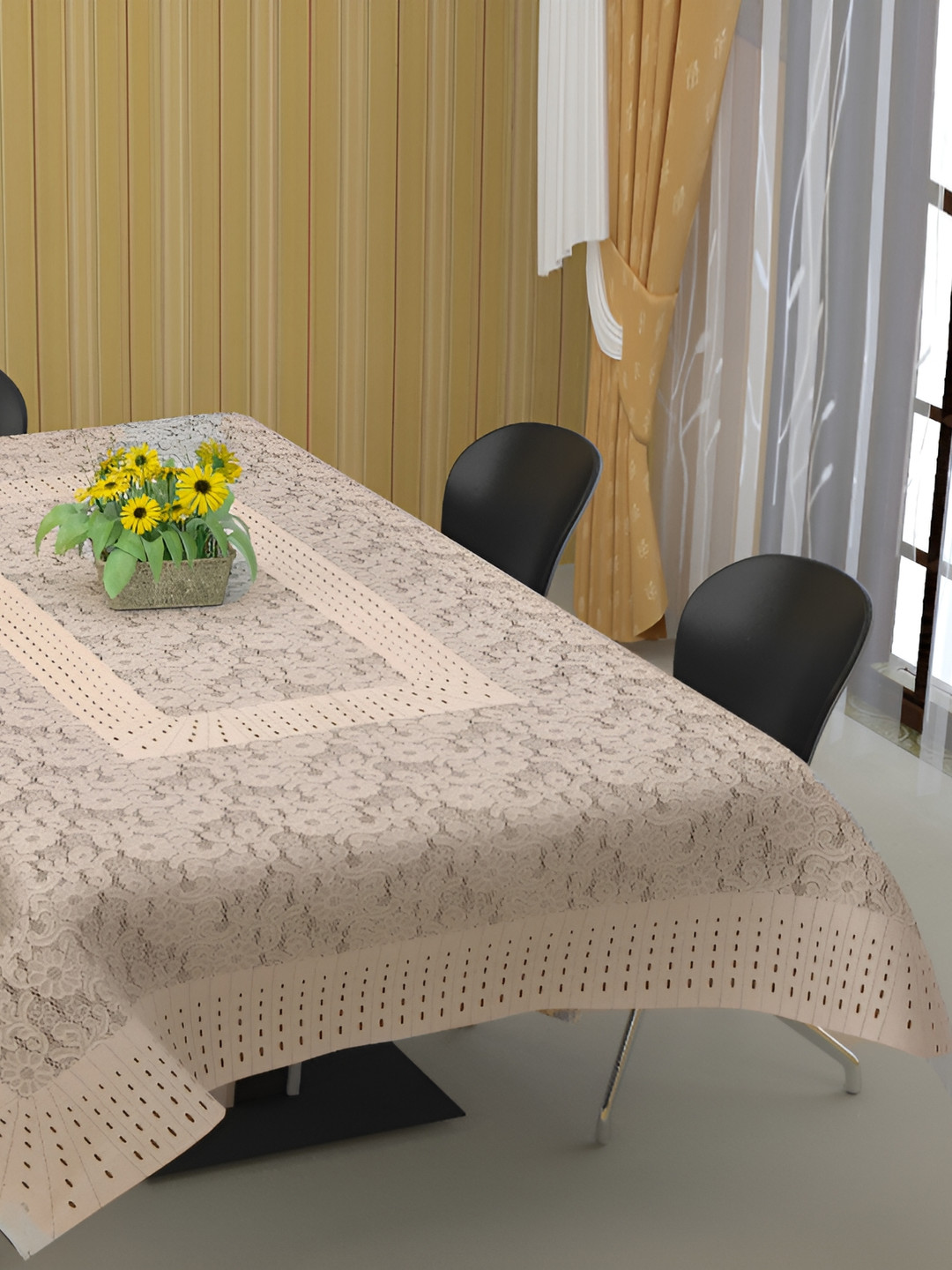 BIGGER FISH Peach Self Design Silk Rectangle 8-Seater Table Cover