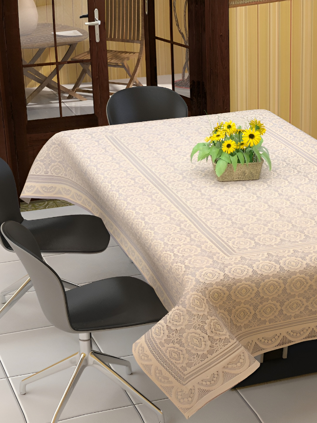 BIGGER FISH Beige Self Design Rectangle 6-Seater Table Cover