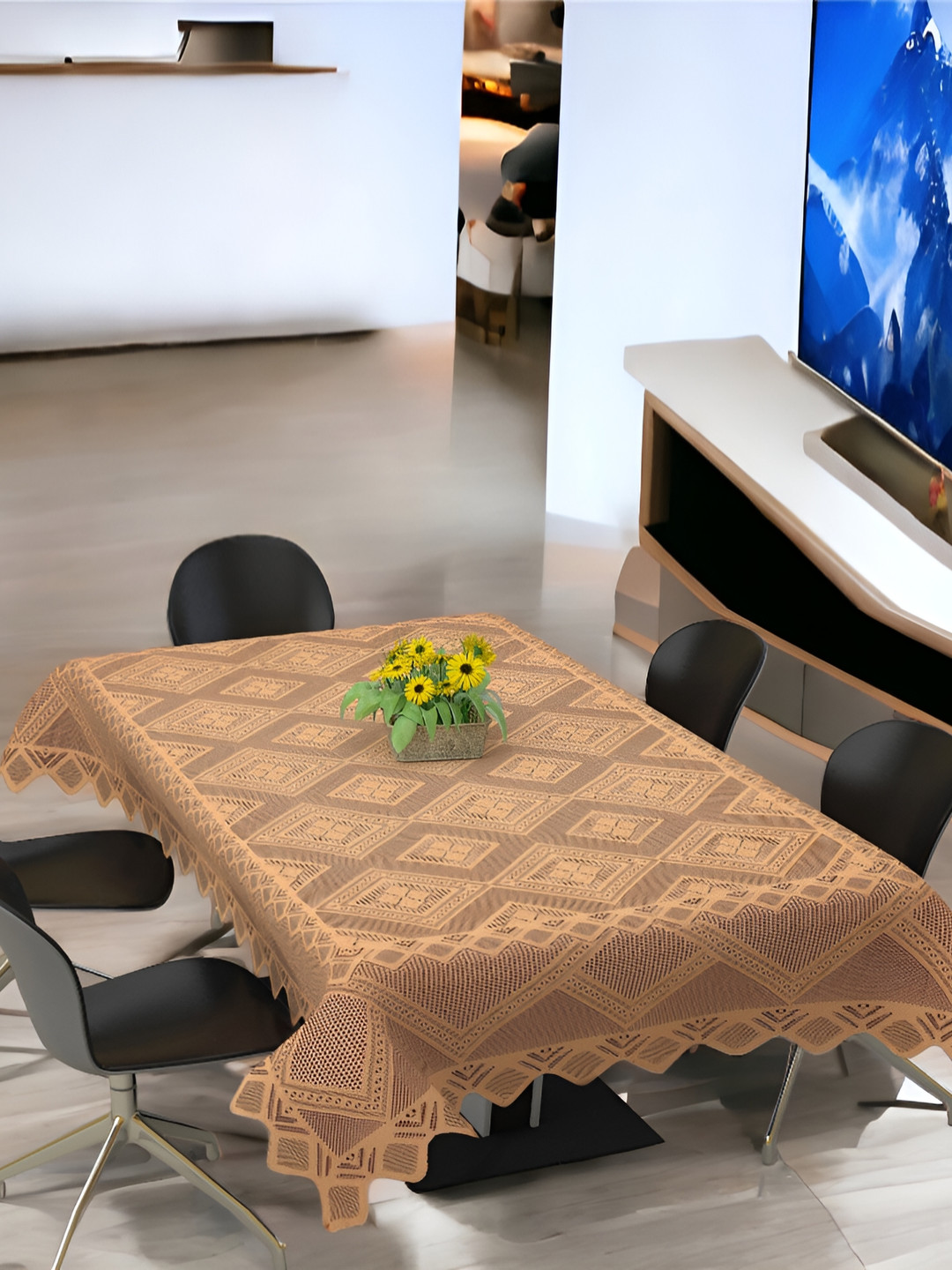 BIGGER FISH Gold-Toned Self Design Cotton 6-Seater Table Cover