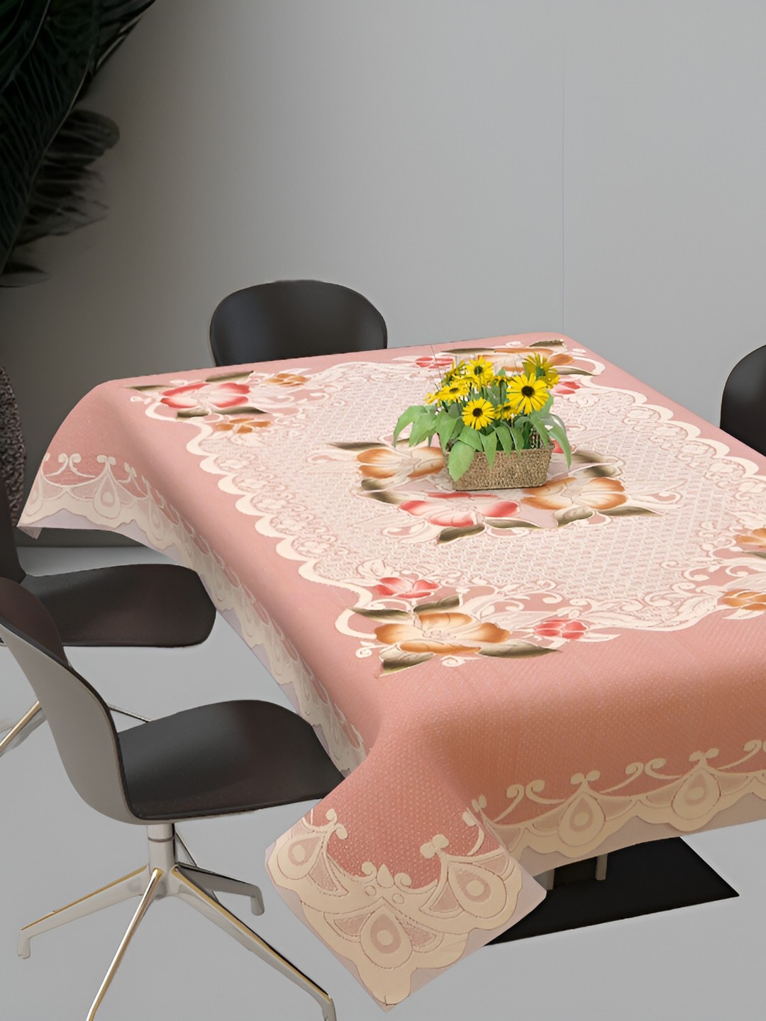 BIGGER FISH Peach & White Floral Rectangular Cotton 6-Seater Table Cover