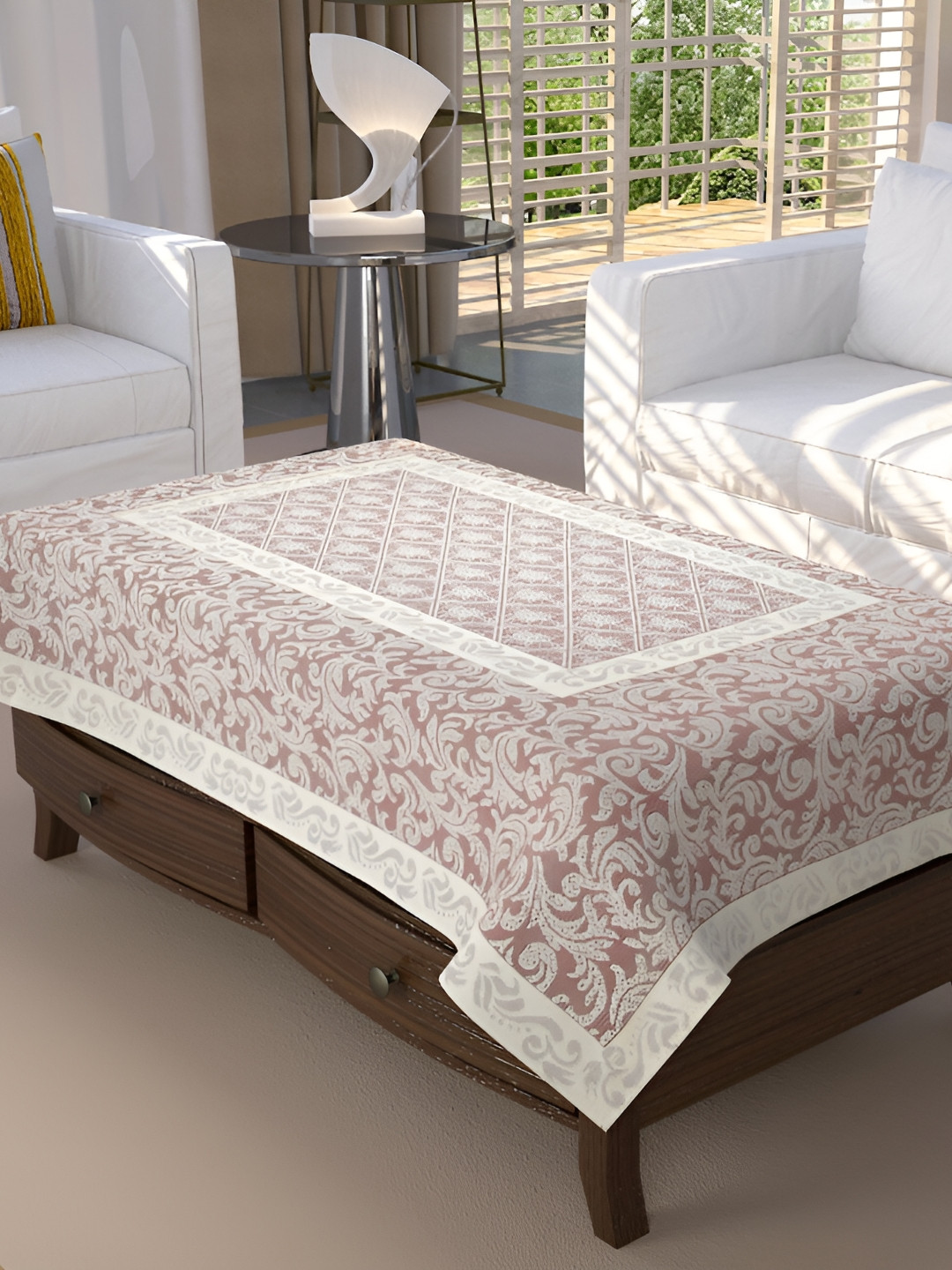 BIGGER FISH Maroon & White Floral Textured Rectangle Table Cover