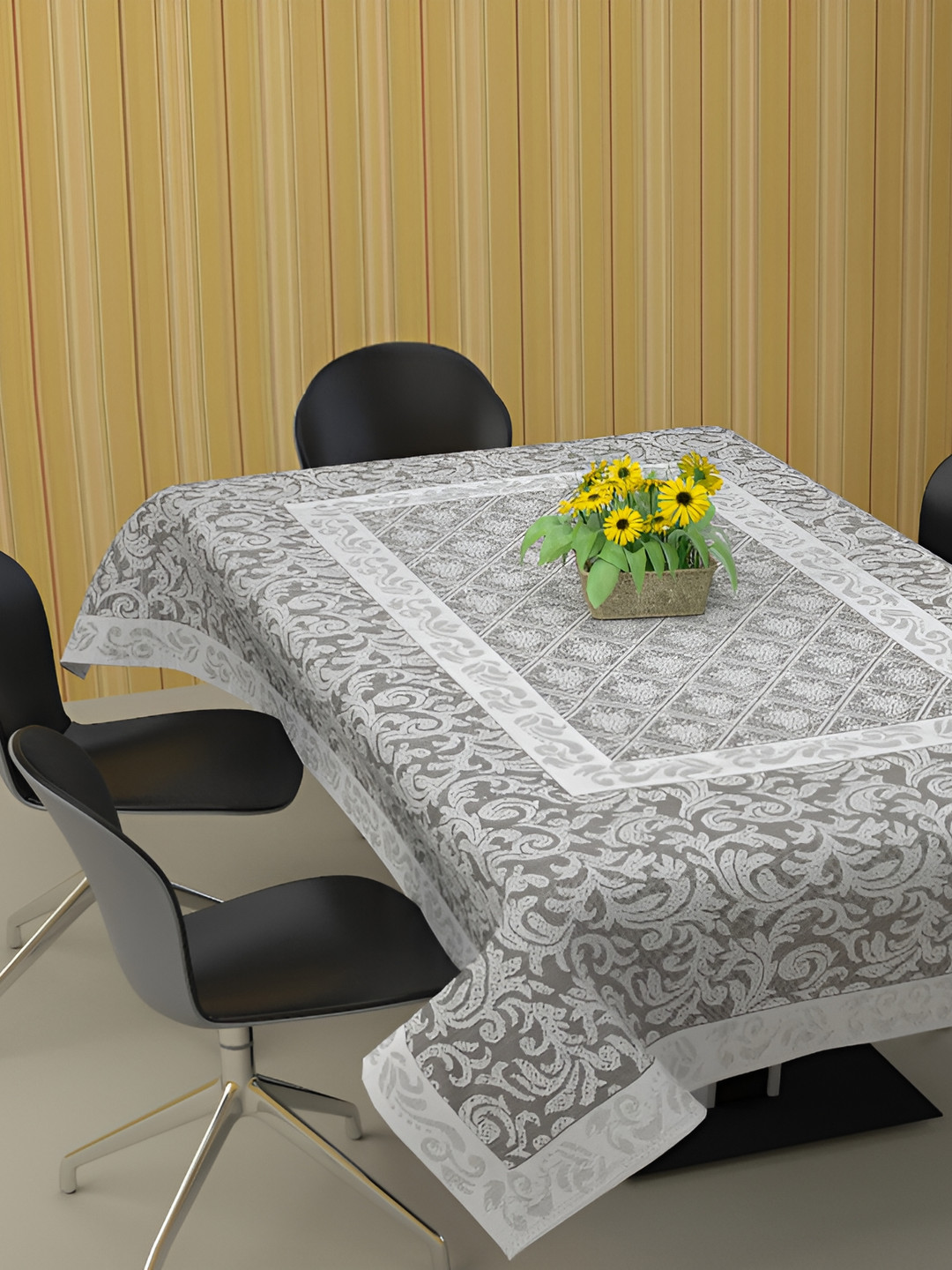 BIGGER FISH Grey Floral Woven Design Cotton 6 Seater Table Cover