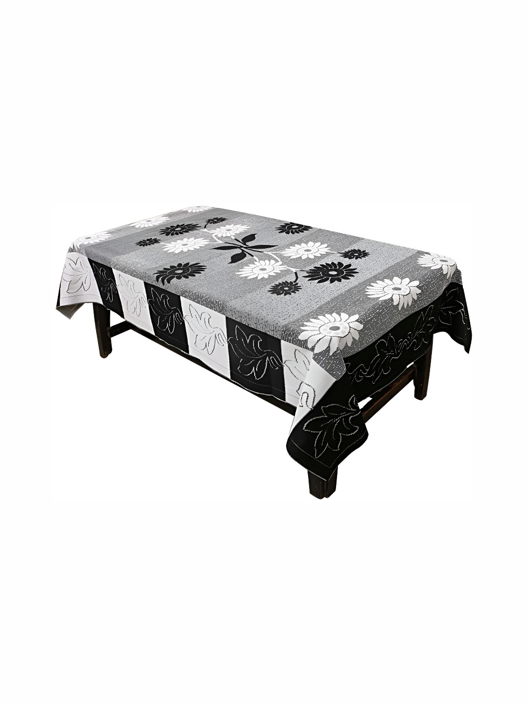 BIGGER FISH Black Floral Embroidered Cotton 4-Seater Table Cover